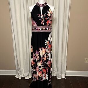 Floral Halter Maxi Dress - Black with Pink & Coral Flowers